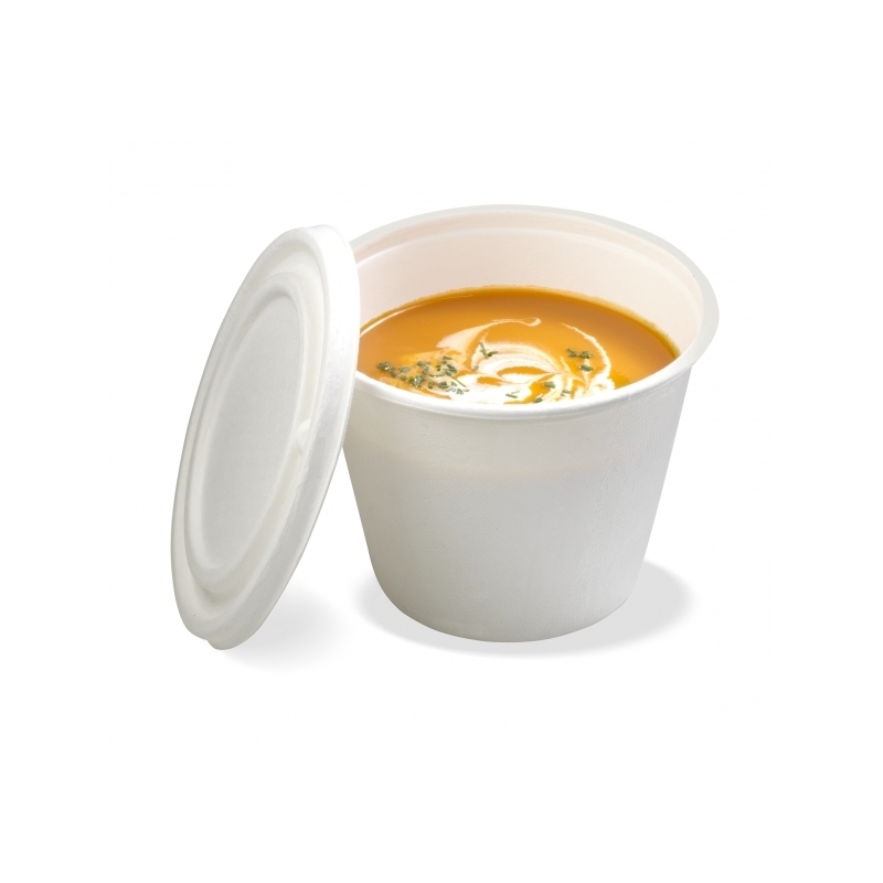 Pot à soupe avec couvercle, en bagasse. En 350 ml et 475 ml.