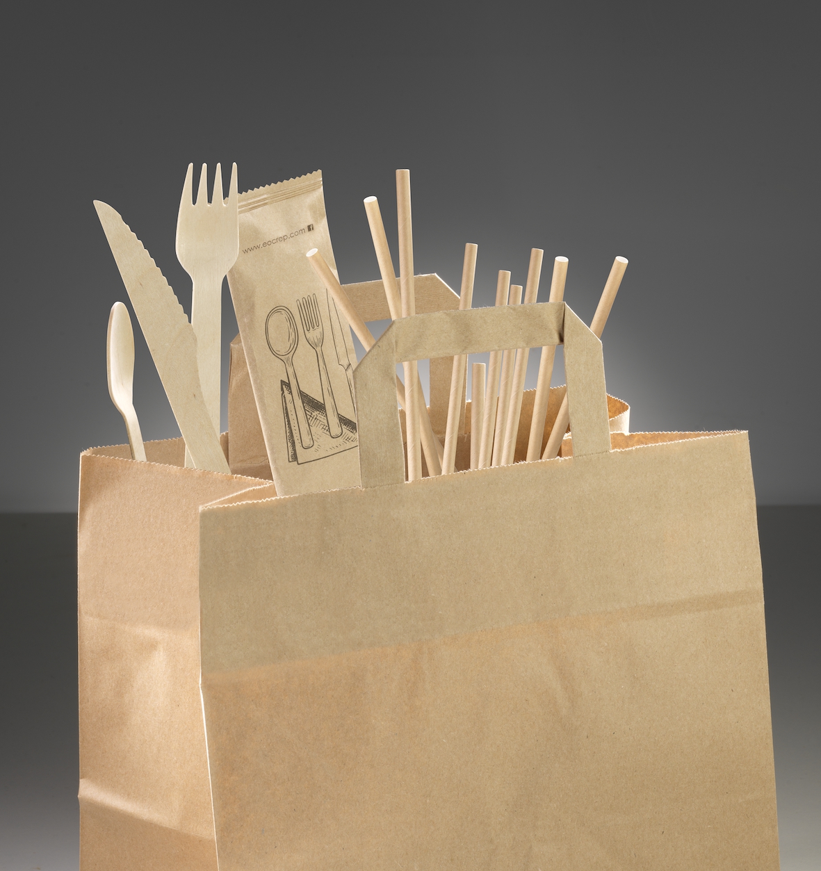 soustainable and compostable straws, cutlery and paper bag